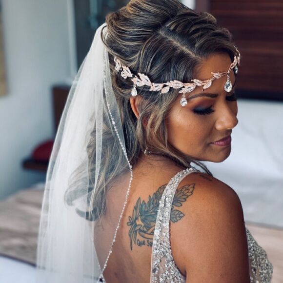 Rhinestone Leaf Wedding Crown Headband for Brides Crystal Pendent Tiara Headband - Picture 2 of 8